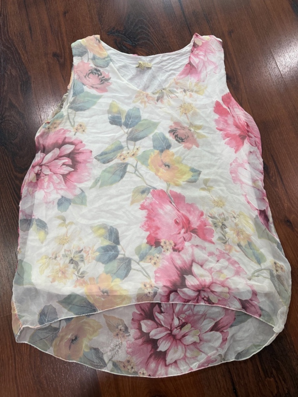 GIUSY Multi Floral 100% Italian Silk  Sleeveless Lined Tank L